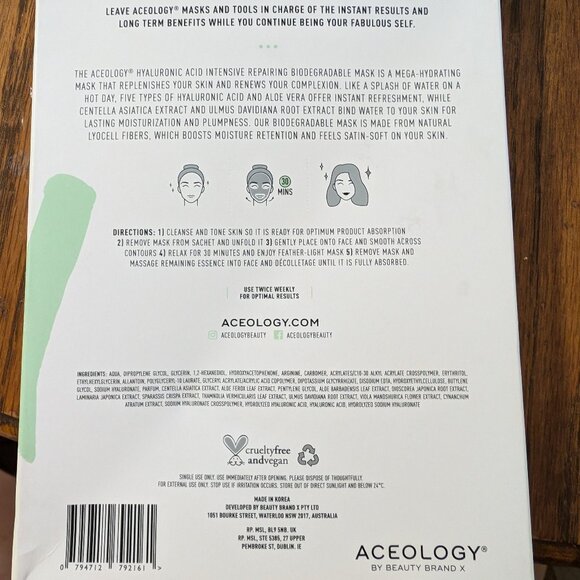 Aceology Hyaluronic Acid Intensive Repairing Biodegradable Masks x4 .88oz. 25g - Picture 2 of 4